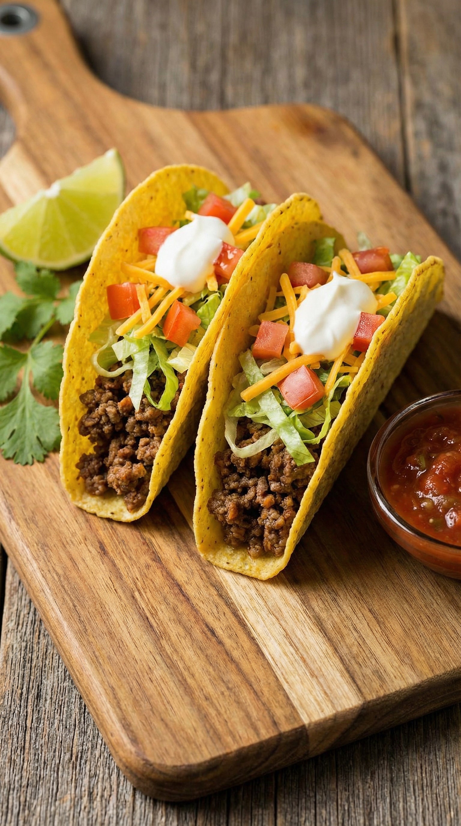 Two crispy tacos filled with ground beef, lettuce, tomatoes, cheese, and sour cream on a wooden board