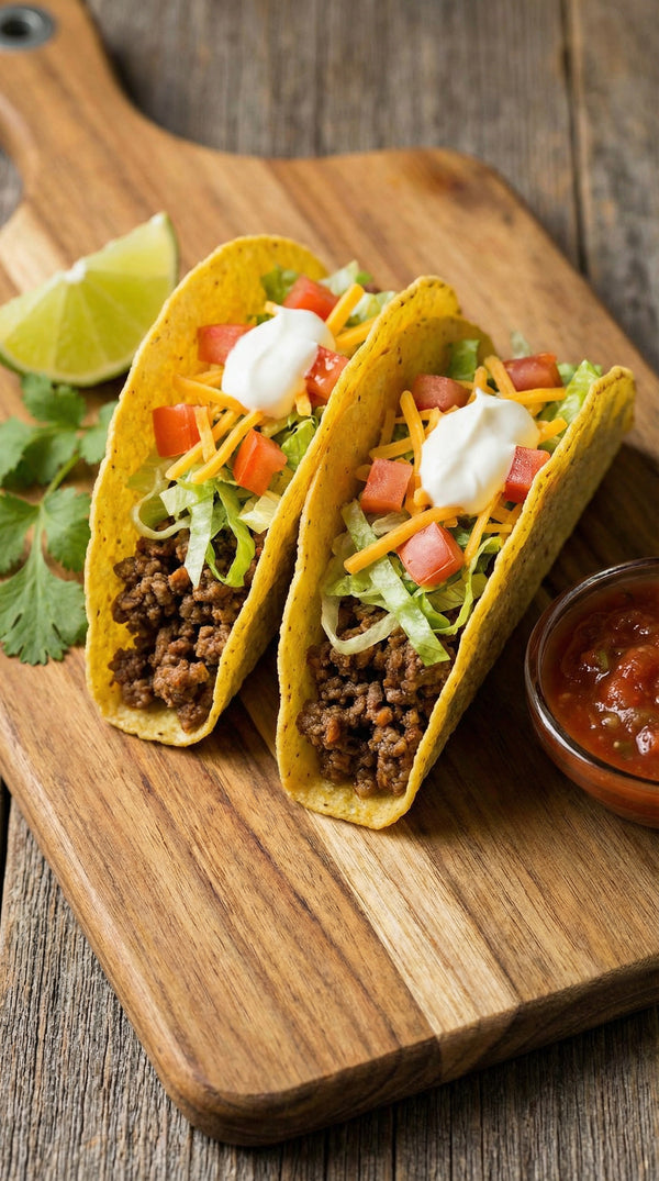Two crispy tacos filled with ground beef, lettuce, tomatoes, cheese, and sour cream on a wooden board