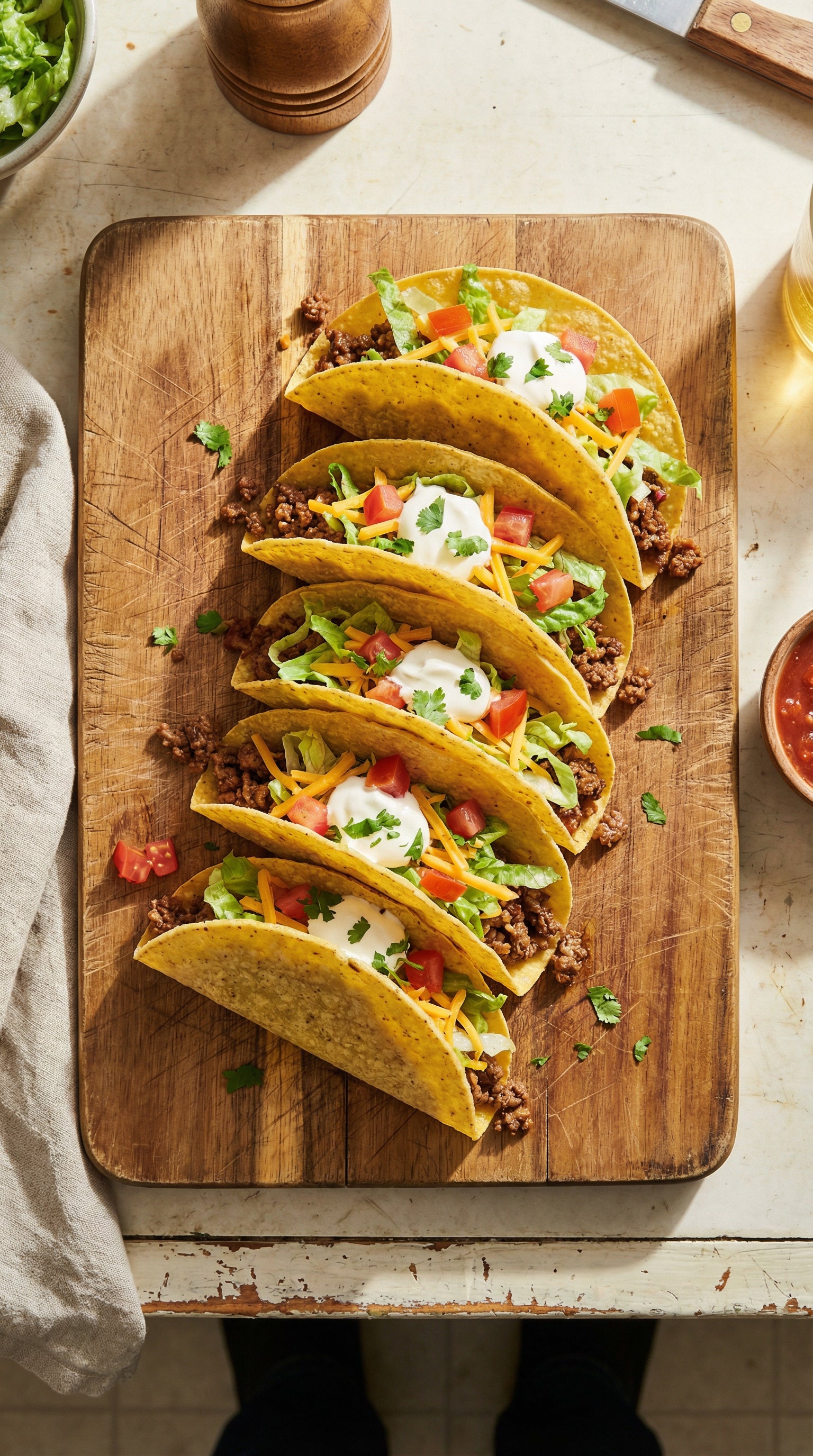Row of crispy tacos topped with lettuce, tomatoes, cheese, and sour cream on a wooden cutting board