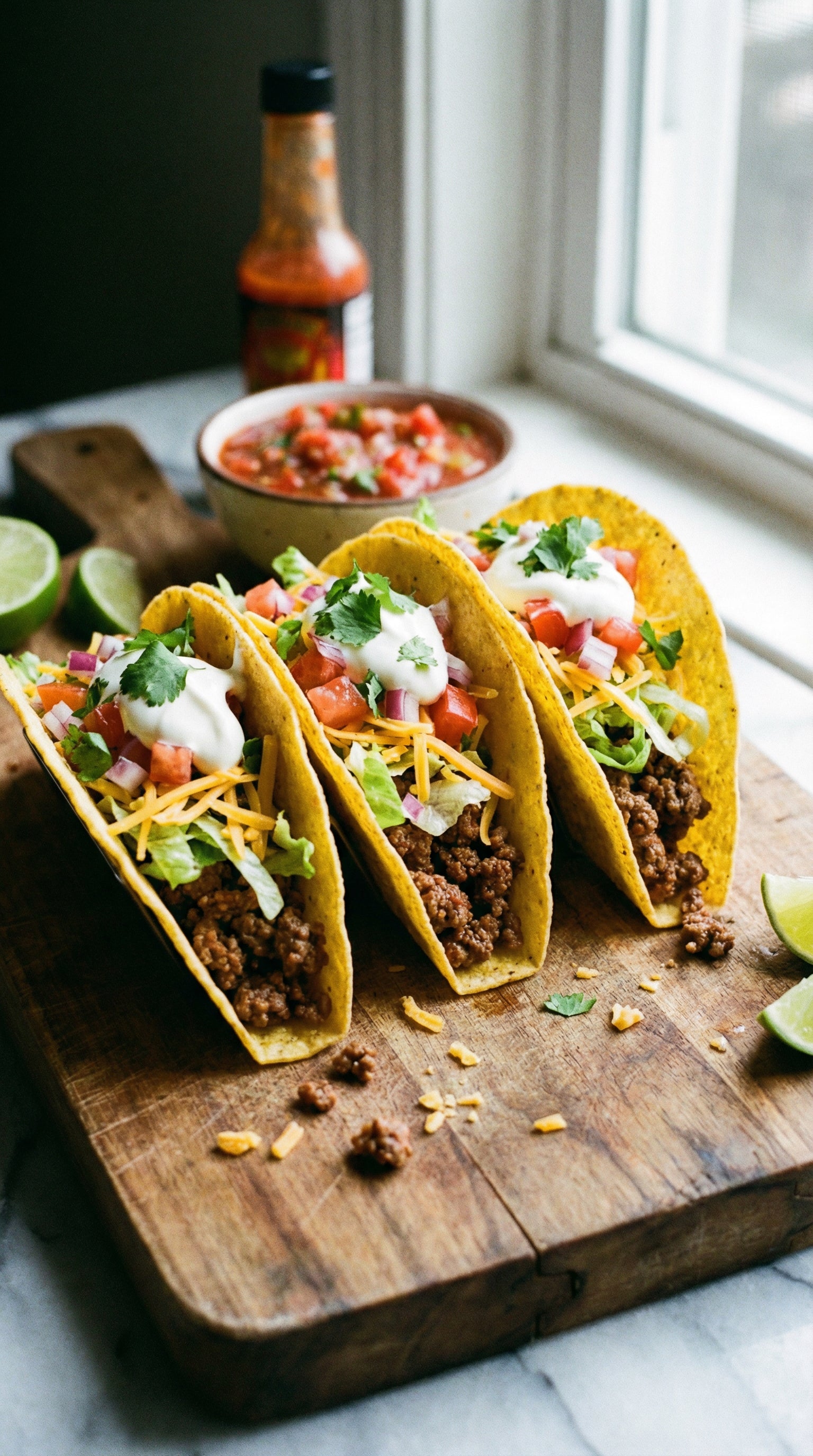 Three crispy tacos filled with beef, lettuce, tomatoes, cheese, and sour cream on a cutting board with salsa