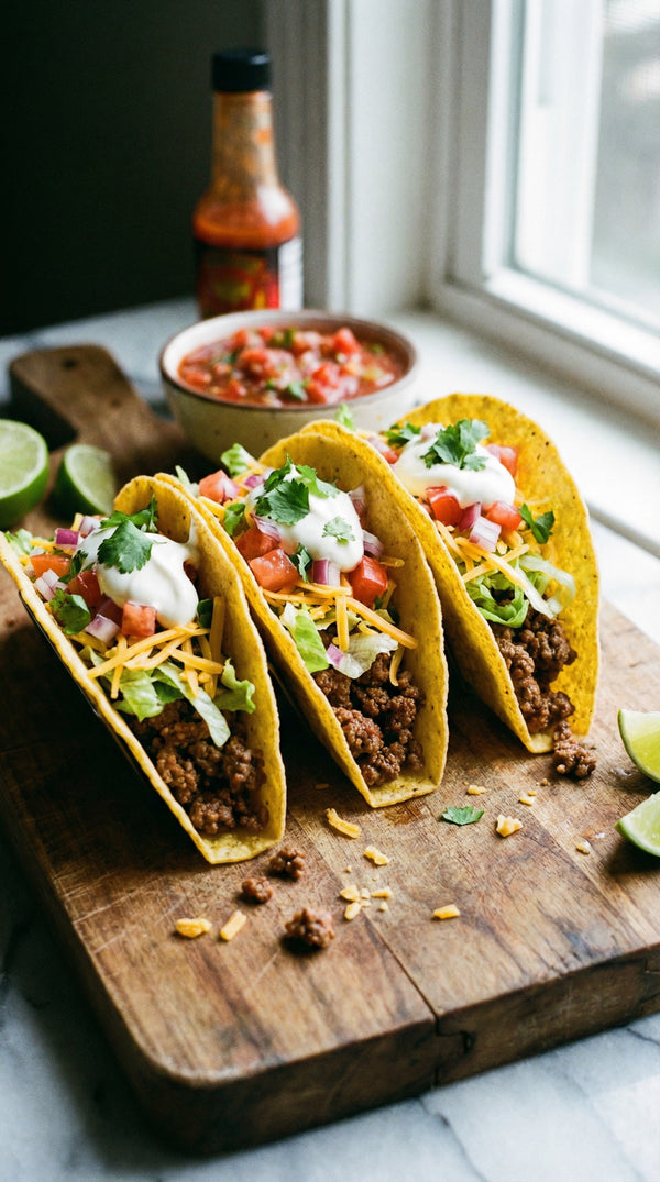 Three crispy tacos filled with beef, lettuce, tomatoes, cheese, and sour cream on a cutting board with salsa